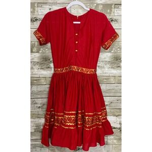 Vintage Handmade Red Short Dress Gold Trim Short‎ Sleeve Square Dance Dress
